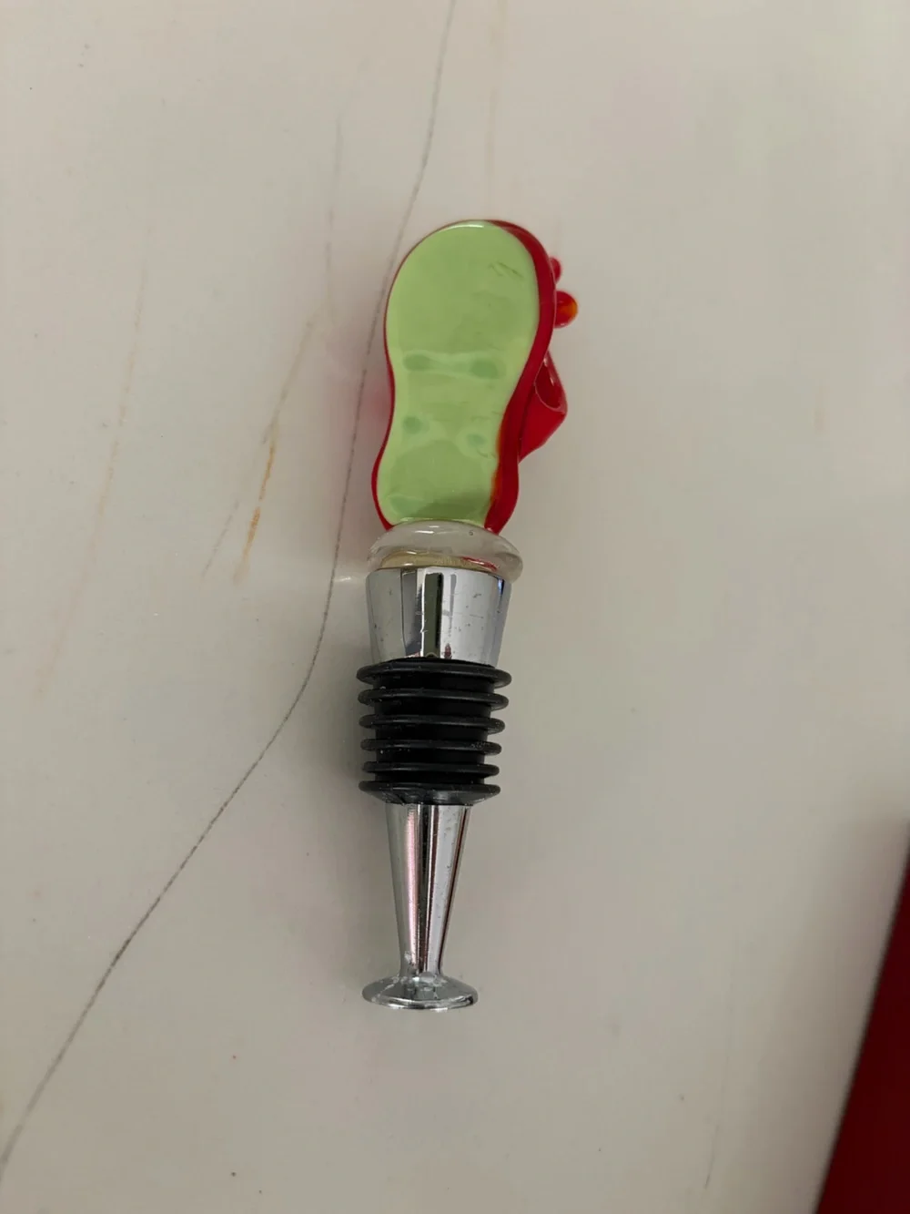 Glass Flip-Flop Wine Stopper with Red Flower Accent